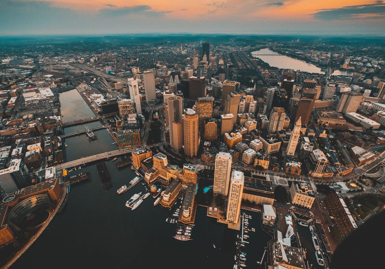 Aerial of the NYC skyline at sunset