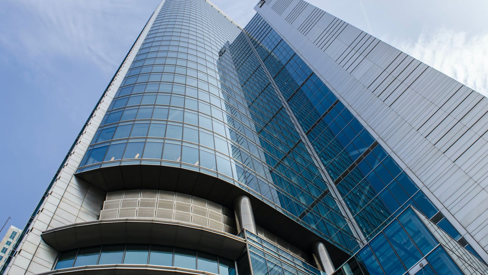 Looking up at skyscrapers